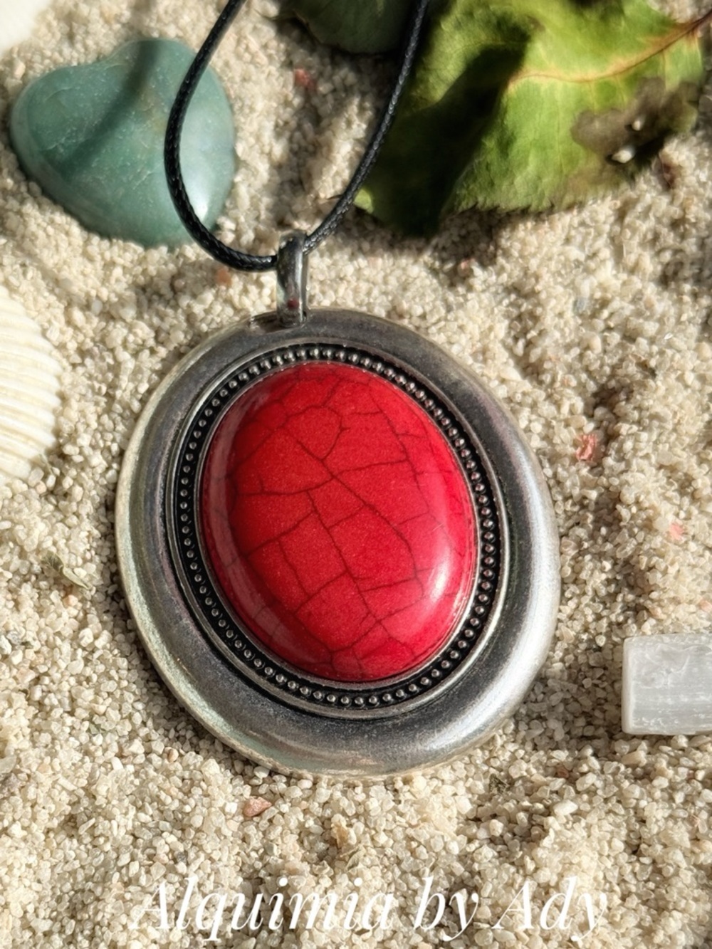 BRUTALIST BLACK CORD Red Oval Stone Pendant Necklace